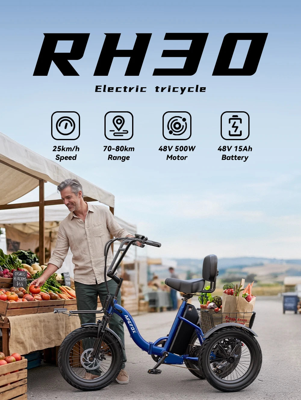 Scooter électrique 3 roues pliant APEFOX RH30 | 500W | 48V 15Ah