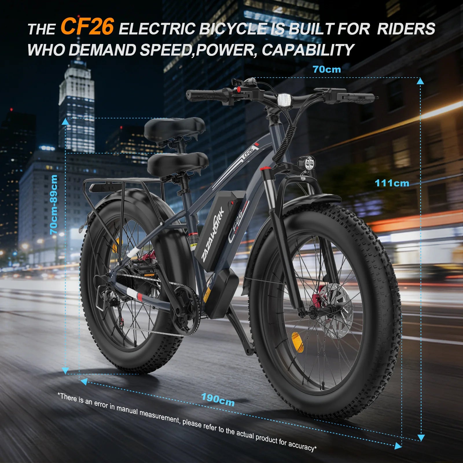 VTT électrique ZAZAWORK CF26 26" Fat Tire  1000W  Autonomie 120 km