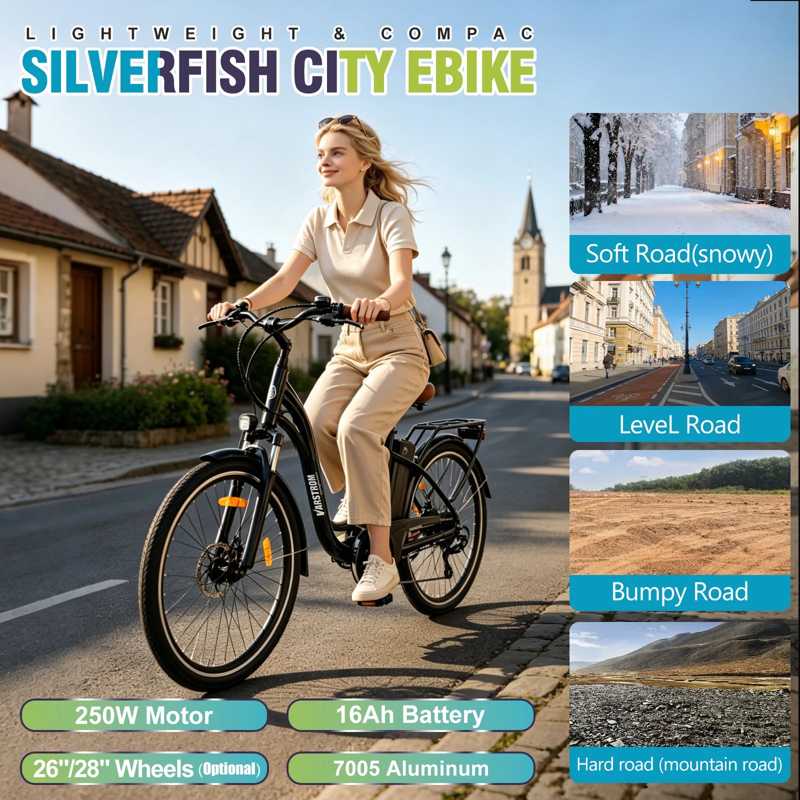 Vélo électrique urbain VARSTROM Silverfish 26"/28"  250W | 36V 16Ah | Autonomie 80 km | Freins hydrauliques | Certifié CE