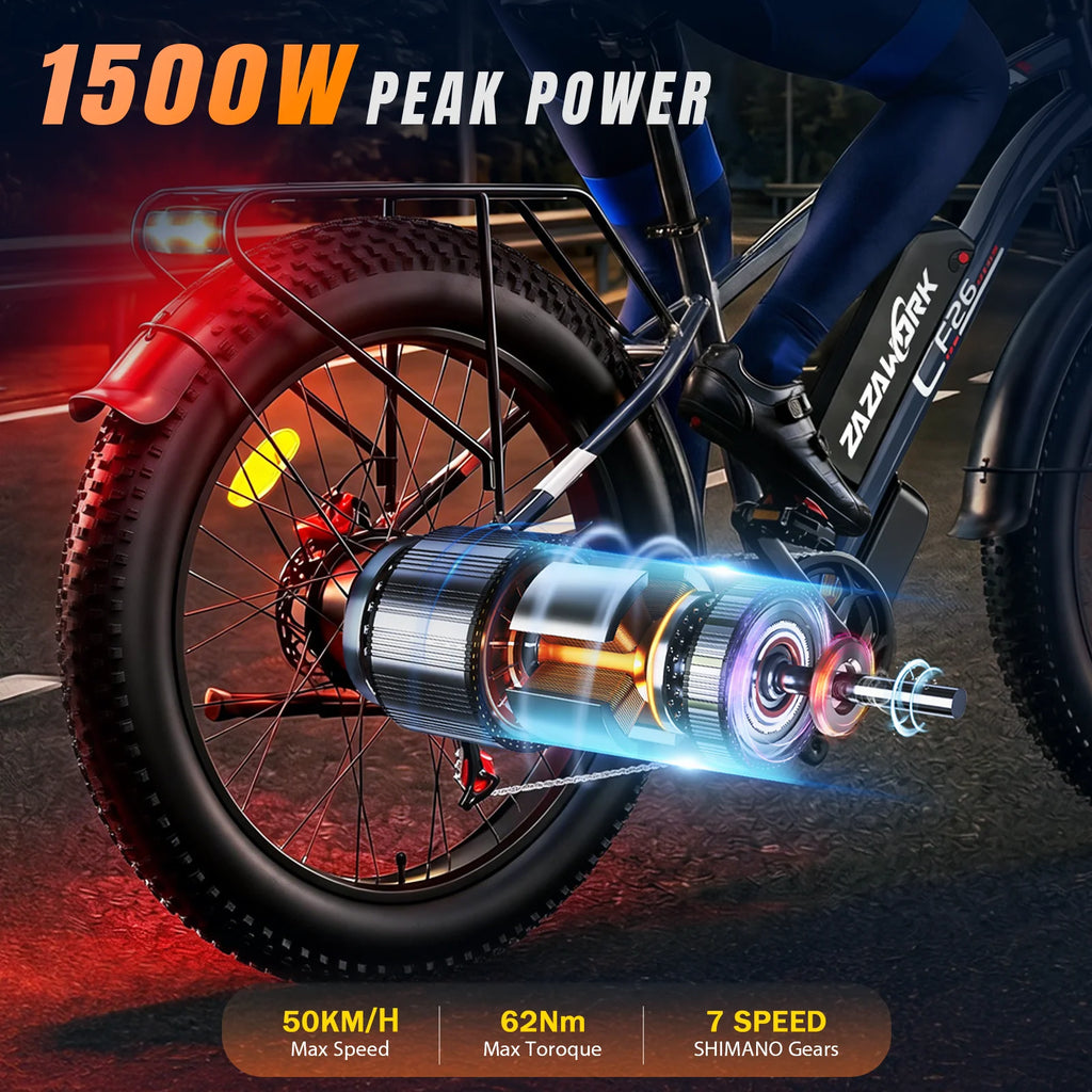 VTT électrique ZAZAWORK CF26 26" Fat Tire  1000W  Autonomie 120 km