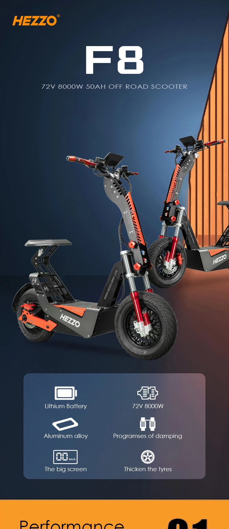 Trottinette Électrique HEZZO F8  72V 8000W | 16 Pouces | 100-120 km d'Autonomie